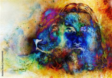 painting of Jesus with a lion, on beautiful colorful background with ...