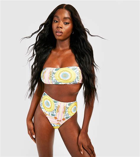 Buy Boohoo Scarf Print Bandeau High Waisted Bikini Set In White