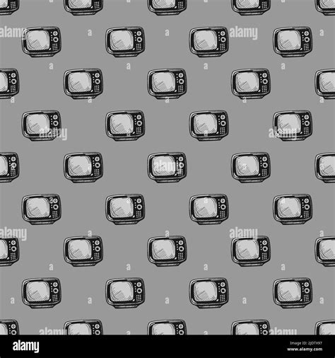 Retro TV engraved seamless pattern. Vintage television background in ...