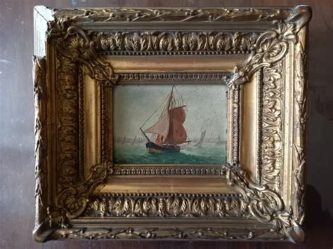 Tableau Ancien Huile Marine Bateaux Chaloupes En Mer D But Xx Eur