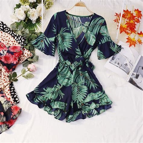 Womens V Neck Flare Sleeve Flower Print Playsuits Bohemian Vintage