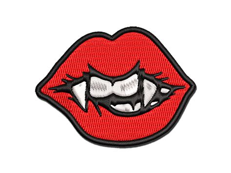 Vampire Lips And Teeth Halloween Multi Color Embroidered Iron On Or Hook And Loop Patch Applique