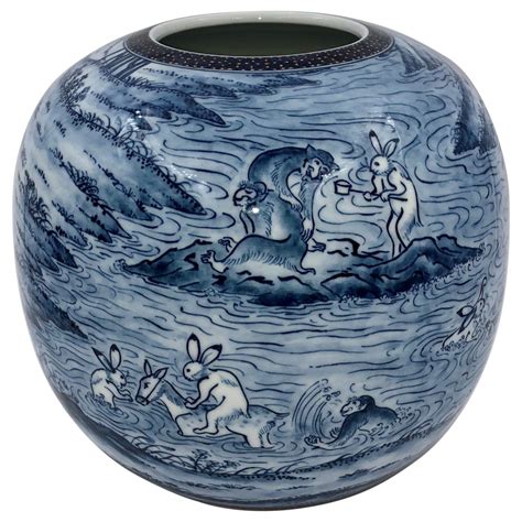 Hand Painted Japanese Blue Porcelain Vase By Contemporary Master Artist