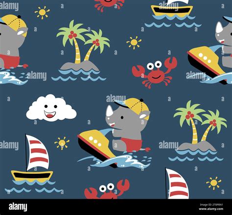 Vector Seamless Pattern Of Cartoon Rhino Play Jet Ski Beach Holiday