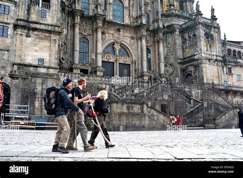 Pilgrims Arriving To Santiago De Compostela Galicia Spain Stock Photo