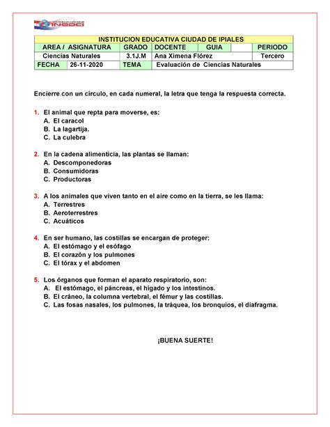 Evaluacion Ciencias Naturales Grado Tercero Tercer Periodo Encierre