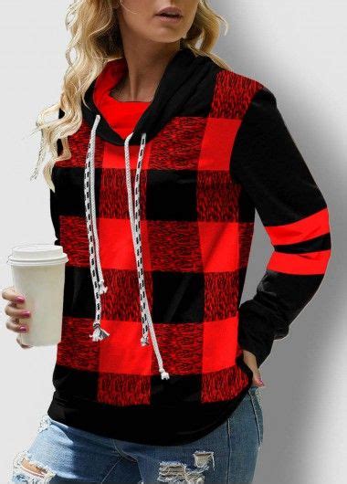 Christmas Red Plaid Sweatshirt Rotita Drawstring Neck Contrast Long