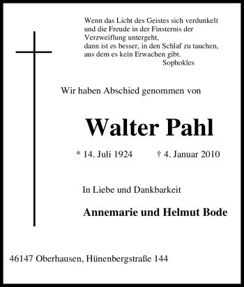 Traueranzeigen Von Walter Pahl Trauer In Nrw De