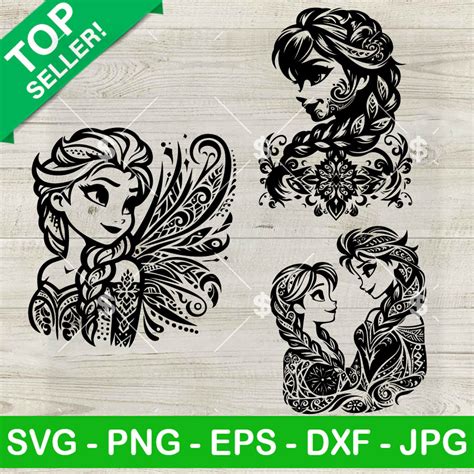 Elsa Anna Frozen Mandal Svg Bundle Frozen Princess Svg Disney Mandala Zentangle Princess Svg