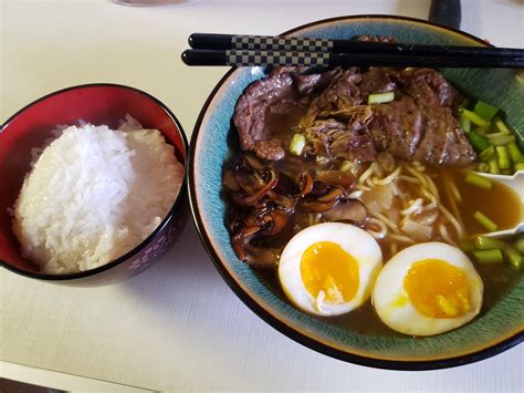 Homemade Miso Ramen With Thin Sliced Roasted Steak Sauteed Mushrooms Marinated Soft Boiled