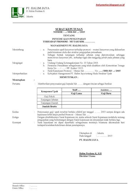 Surat Keputusan Direksi Tentang Penyesuaian Upah Promosi Mutasi Contoh 1 ~ Hrd Practice