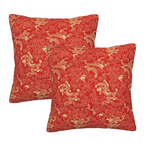 Home Throw Pillow Covers Golden Dragons And Flowers Square Thick Throw