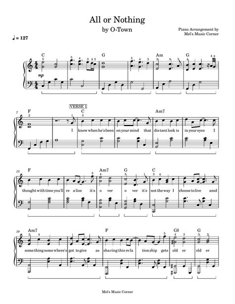 O Town All Or Nothing Piano Sheet Music Sheets By Mels Music Corner