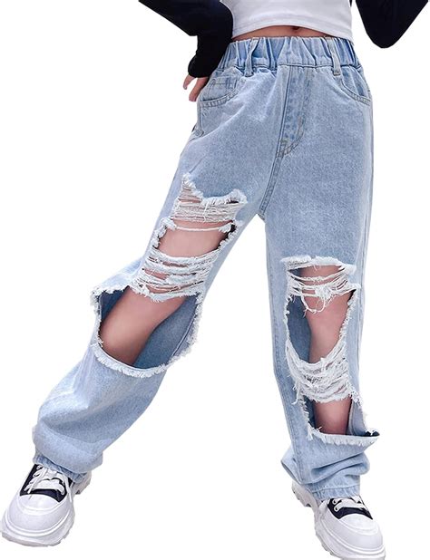 Amazon.com: NABER Kids Girls Elastic Waist Cool Ripped Jeans Washed Denim Wide Leg Ripped Denim ...