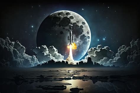 Premium AI Image Rocket Launch With View Of The Moon In The Night Sky