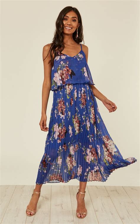 Dark Blue Floral Print Pleated Cami Midi Dress Urban Touch Silkfred