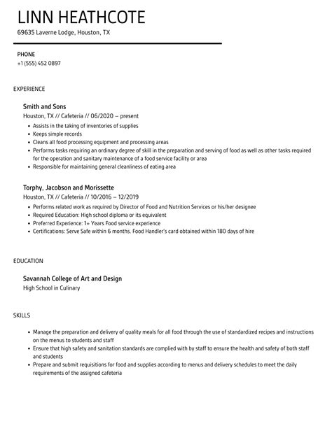 Cafeteria Resume Samples Velvet Jobs