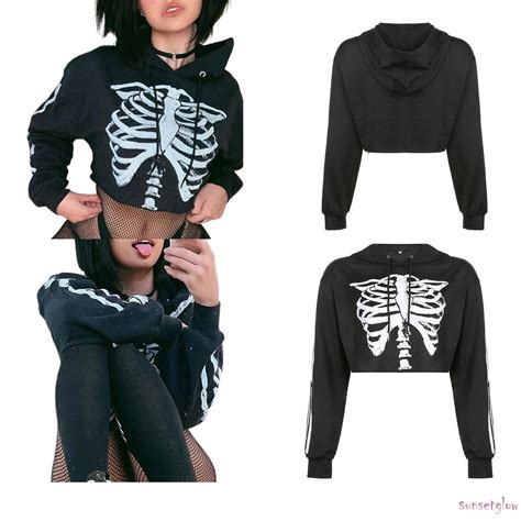 Hian Womens Skeleton Print Cropped Hoodies Casual Long Sleeve Relaxed