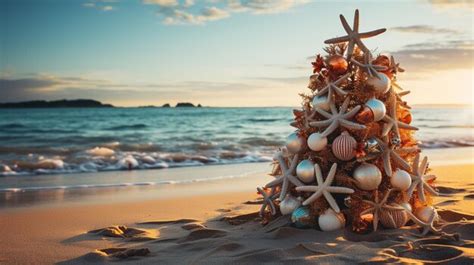 Premium Photo Christmas Tree Made Of Ornaments Starfish And Seashells