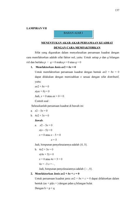 1 Bahan Ajar 1 LAMPIRAN VII MENENTUKAN AKAR AKAR PERSAMAAN KUADRAT