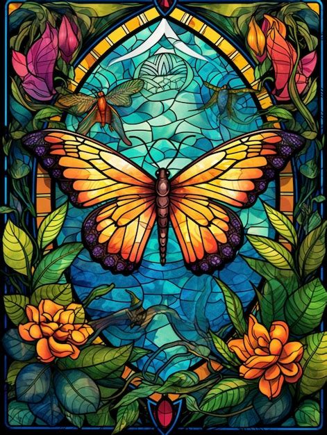 Premium Photo A Close Up Of A Stained Glass Window With A Butterfly Generative Ai