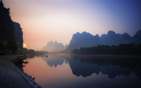 Wallpaper Sunlight Landscape Mountains Boat Sunset Sea China