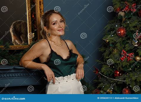 Portrait Of A Beautiful Blonde Woman At The Christmas Tree Stock Image Image Of Portrait