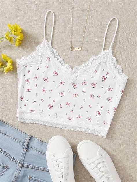 Ditsy Floral Lace Detail Crop Cami Top Trendy Zomer Outfits Tiener Kleding Tiener Mode Outfits