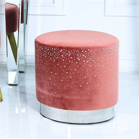 Blush Pink Patterned Velvet And Gold Metal Round Footstool Ottoman