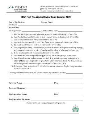 Fillable Online Education Vermont SFSP First Two Weeks Review Form Fax