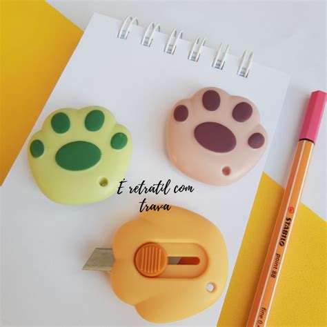 Mini Estilete Patinhas de Gatinho fofo Kawaii Retrátil Chaveiro