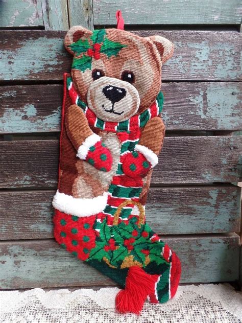 Vintage Needlepoint Christmas Stocking Teddy Bear Scarf Mittens Etsy