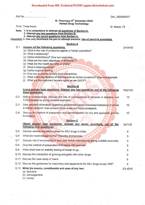 Bp T Herbal Drug Technology Oct Uhsr B Pharmacy Th Semester