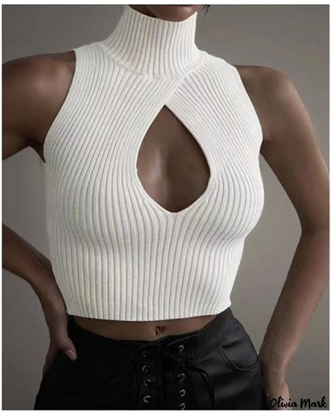 Oliviamark Chic High Neck Cropped Sweater With Alluring Cut Out