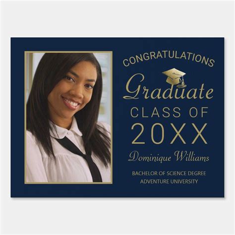 Graduate Blue Gold Script Photo Grad 2021 Sign Zazzle Printing