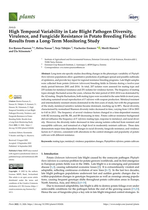 Pdf High Temporal Variability In Late Blight Pathogen Diversity