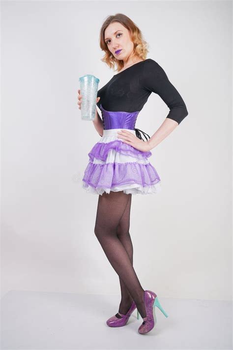 Pretty Slender Girl In Purple Corset With Tutu Skirt And Mesh Black