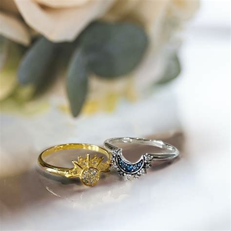 Celestial Blue Sparkling Moon Ring And Golden Sparkling Sun Ring Couple