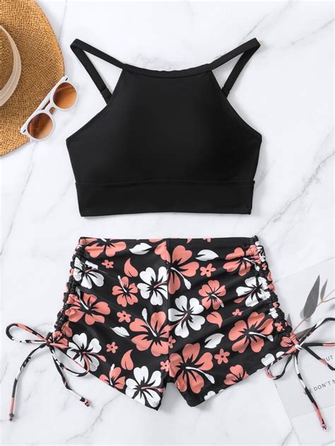 Shein Swim Conjunto De Tankini Con Estampado Floral Aleatorio Top De