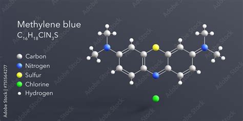 methylene blue molecule 3d rendering, flat molecular structure with ...