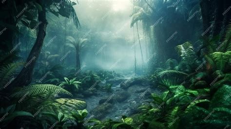 Premium Ai Image Exotic Foggy Forest Jungle Panorama Forest Oasis