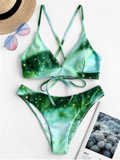 Galaxy Print Crisscross Reversible Bikini Set Bikinis Sexy