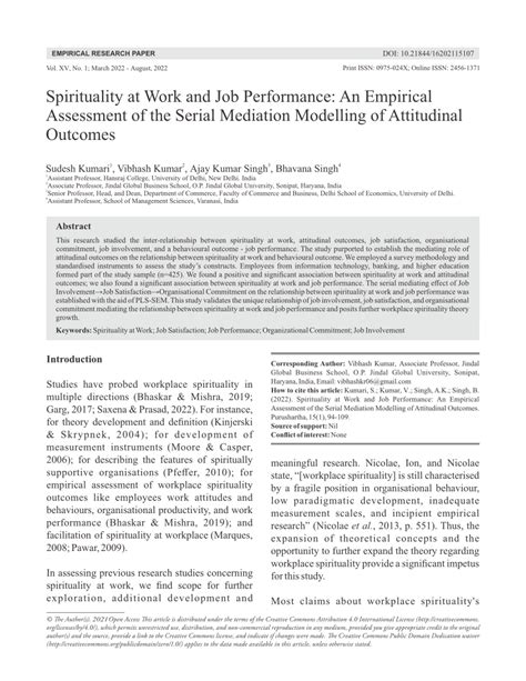 Pdf Spirituality At Work And Job Performance An Empirical Assessment Of The Serial Mediation