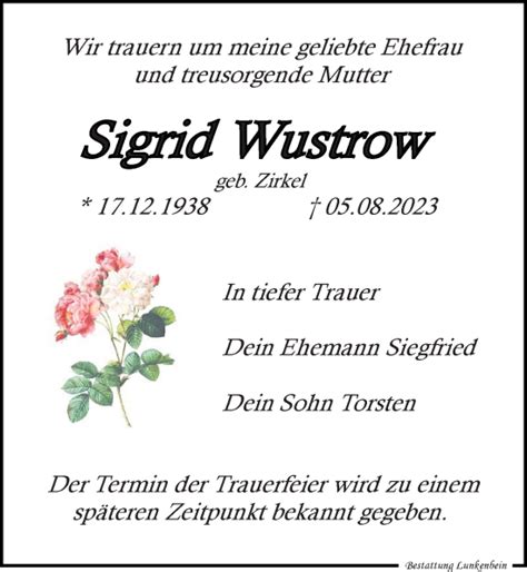 Traueranzeigen Von Sigrid Wustrow Trauer Anzeigen De