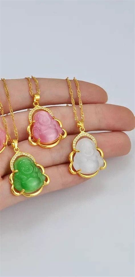 Pink Jade Buddha Necklace K Gold Plated Buddha Necklace Etsy