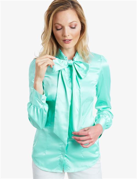 Womens Aqua Fitted Satin Blouse Pussy Bow Hawes And Curtis