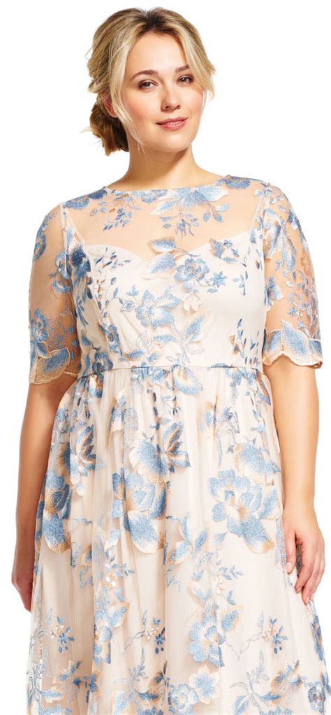 Adrianna Papell Short Sleeve Floral Embroidered Dress With Sheer