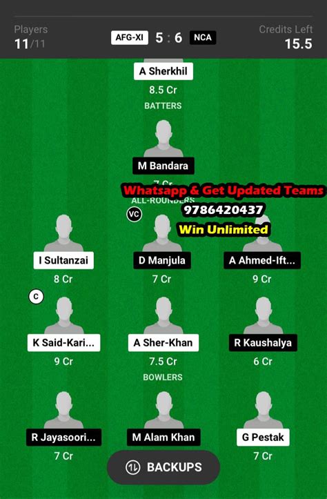 Afg Xi Vs Nca Th Match Dream Team Fantasy Prediction Kcc T