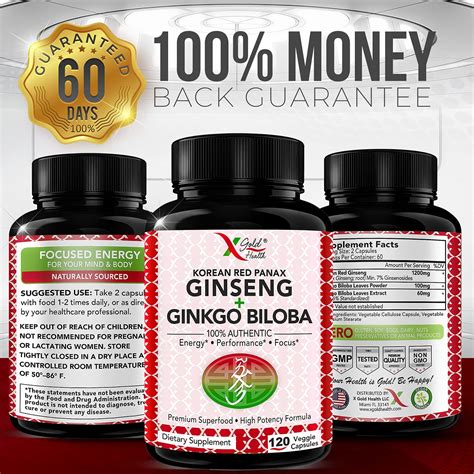 Authentic Korean Red Panax Ginseng 1200mg Ginkgo Biloba 120 Vegan Capsules High