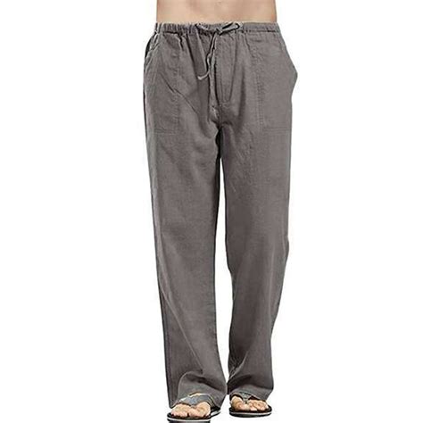 Ukap Mens Drawstring Cotton Linen Pants Solid Color Elastic Waist